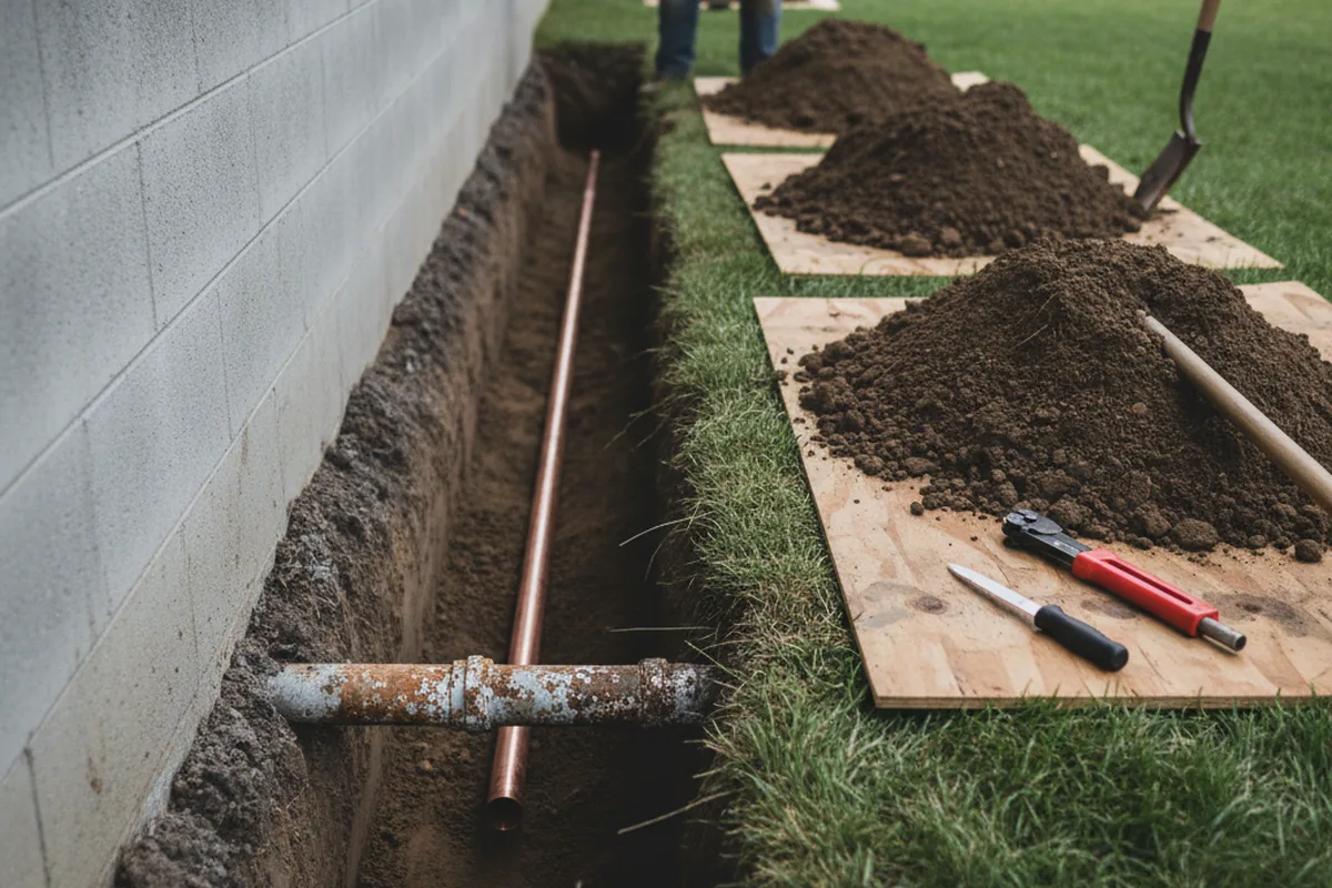 Excavated water line trench during Water Softener Installation in Glendale Heights
